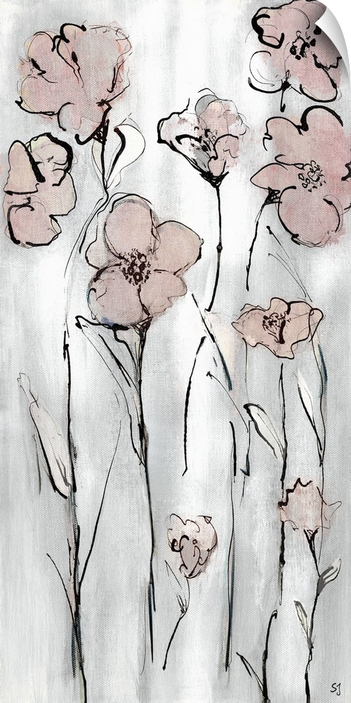 Dynamic wild flowers are outlined in thin black brush strokes and are softly illustrated in muted colors.