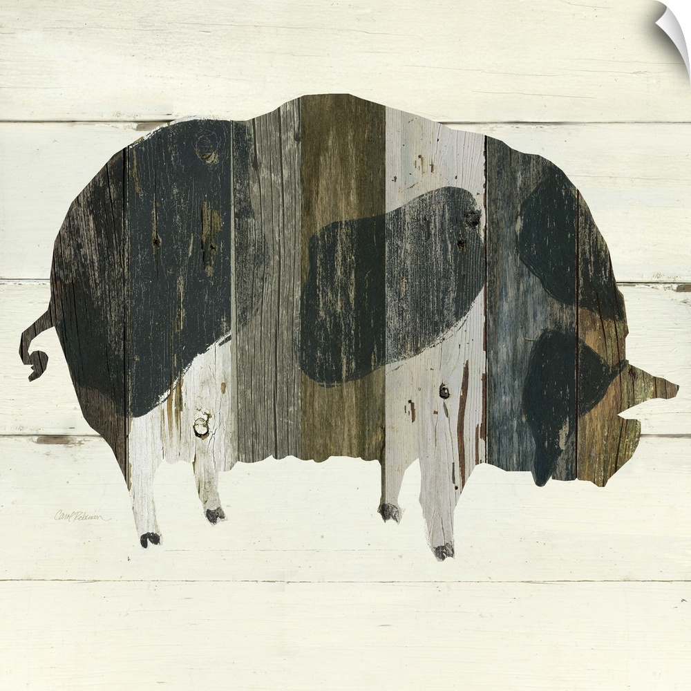 A painting of a pig using multicolored stained wood placed on a white wooden background.