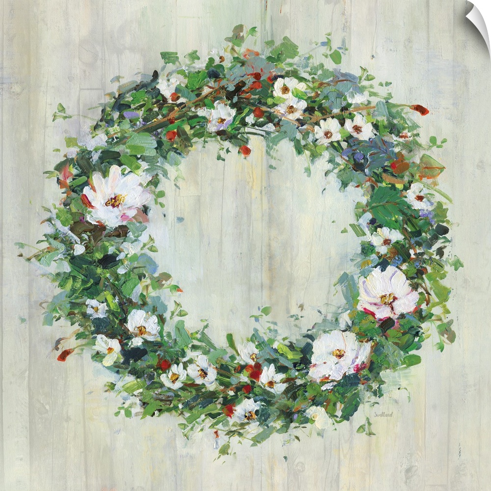 A contemporary painting of a green wreath covered in white and red flowers on a wood background.