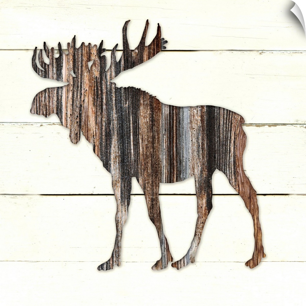 Square decor of a dark brown wooden silhouette of a moose on a white wooden plant background.