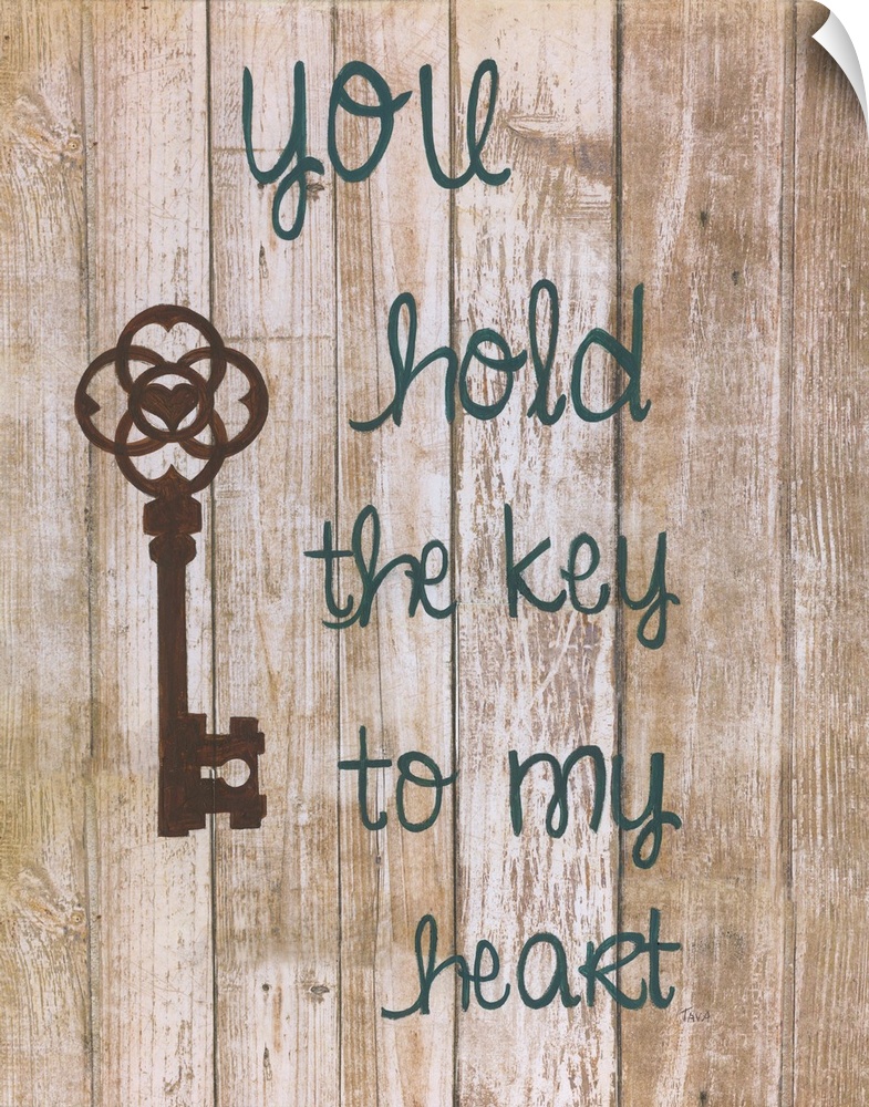 A decorative painting that has an antique key and the saying ?you hold the key to my heart? painted in cursive on an aged ...