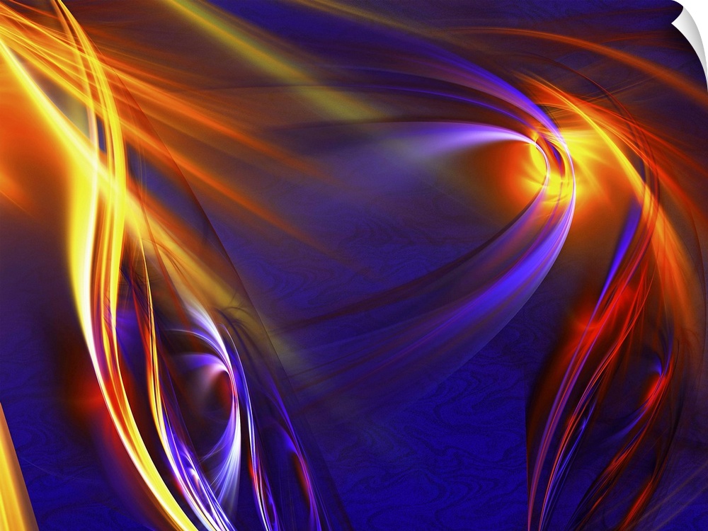 Digital abstract artwork in fiery orange swirls on dark blue.