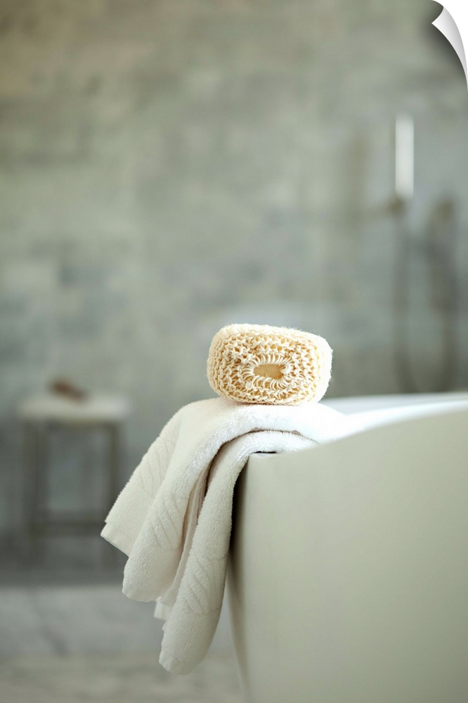 A loofah and towel resting on the edge of a bathtub.