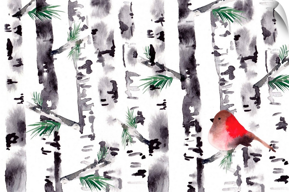 Contemporary watercolor painting of a red bird on a branch in a forest of birth trees.