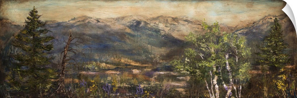Wide painting of a mountain scene with  purple and yellow wildflowers and green trees in the foreground.