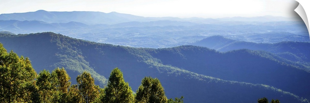 Panoramic view of the blue hills of the Smokey Mountains in North Carolina.