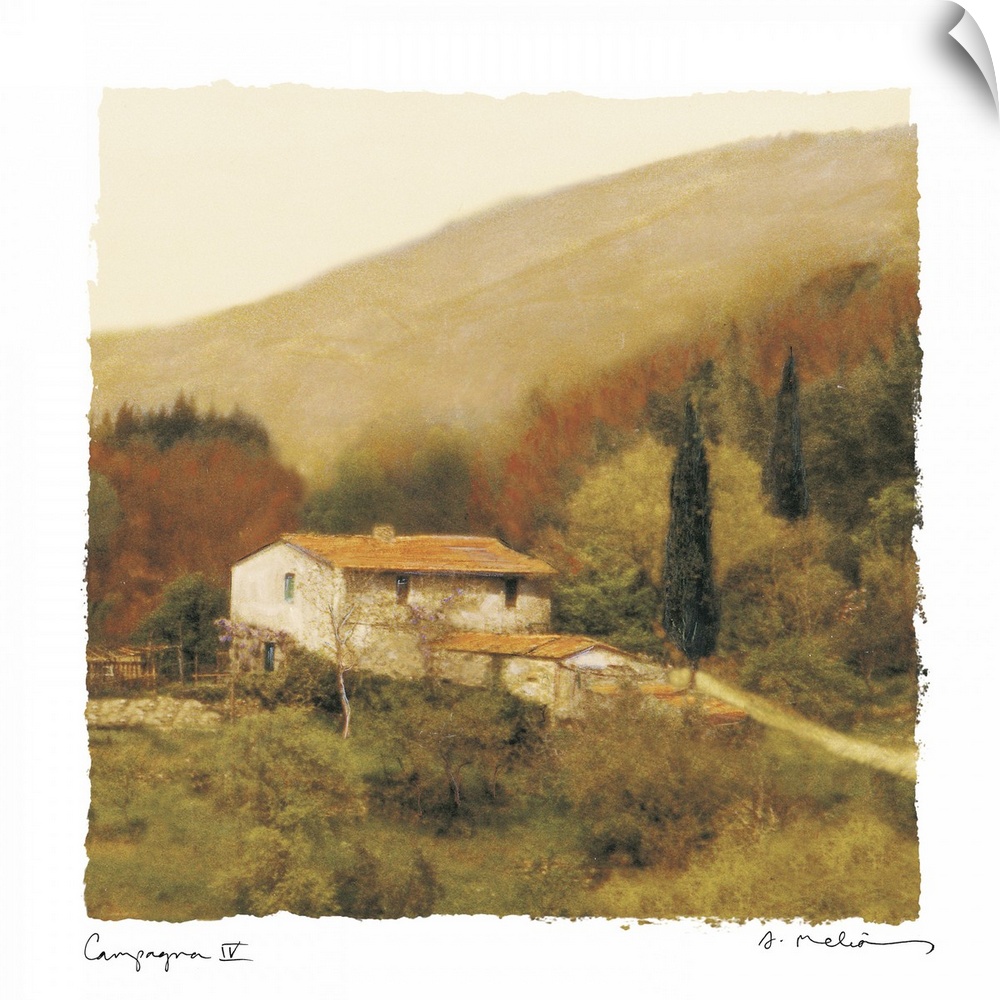 A large painting of a white cottage home sitting in the countryside surrounded by trees with big hills in the background.