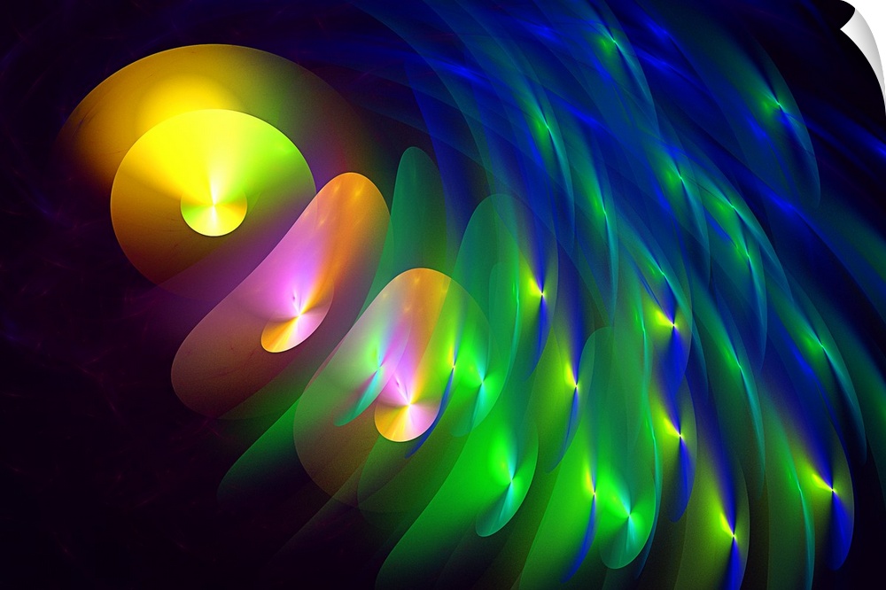 Digital abstract of round waves in rainbow colors on a dark background.