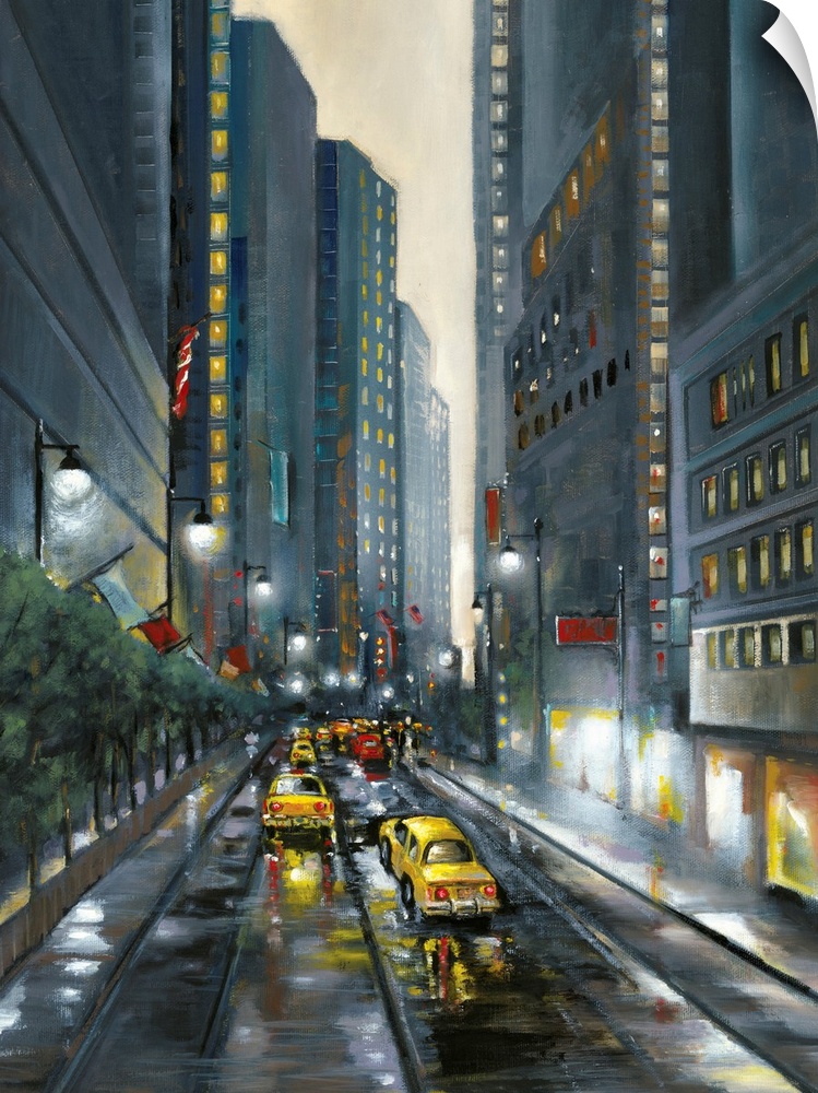 Contemporary cityscape painting of a downtown city street lined with skyscrapers and filled with taxi cabs.