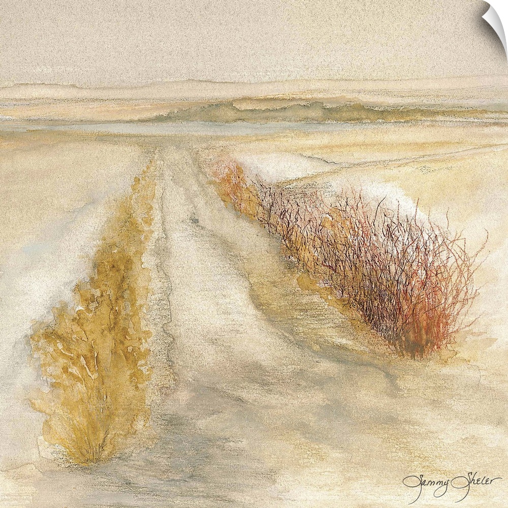 Contemporary watercolor painting of two rows of dune grass in the sand.