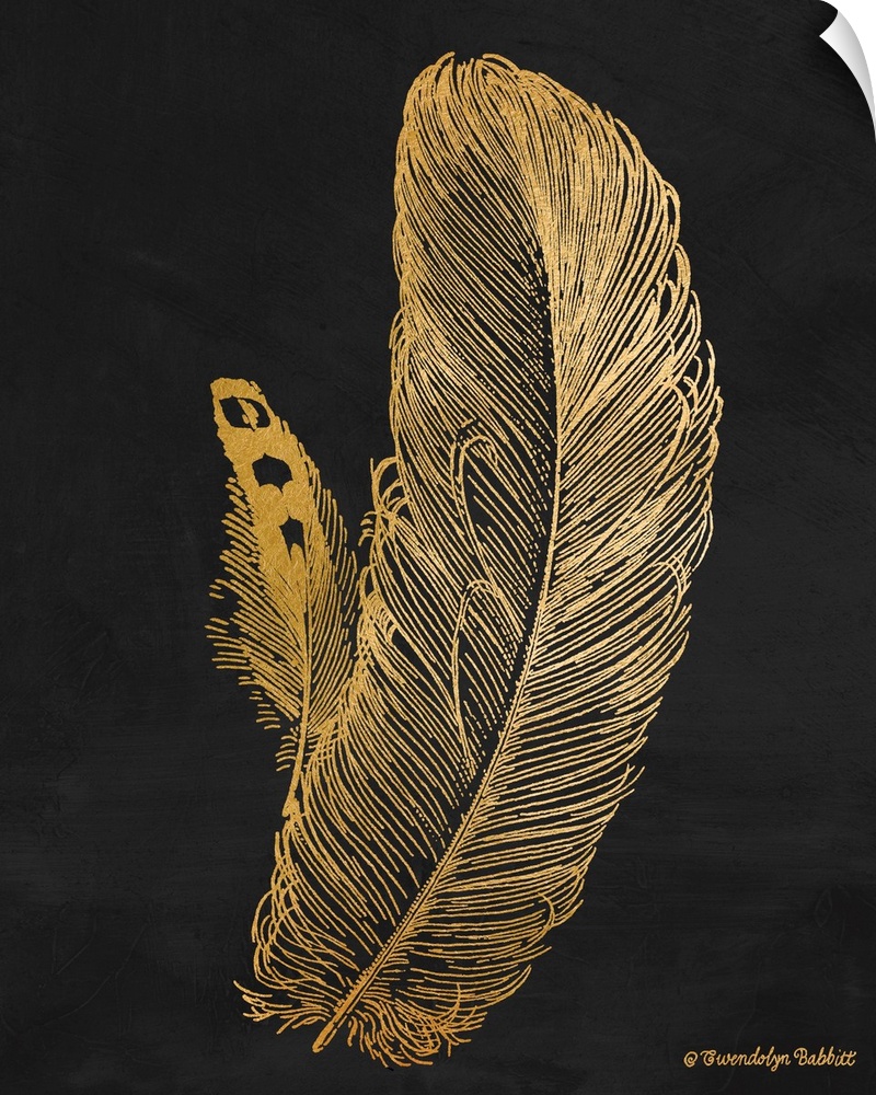 An illustration of a feather in gold over a black background.