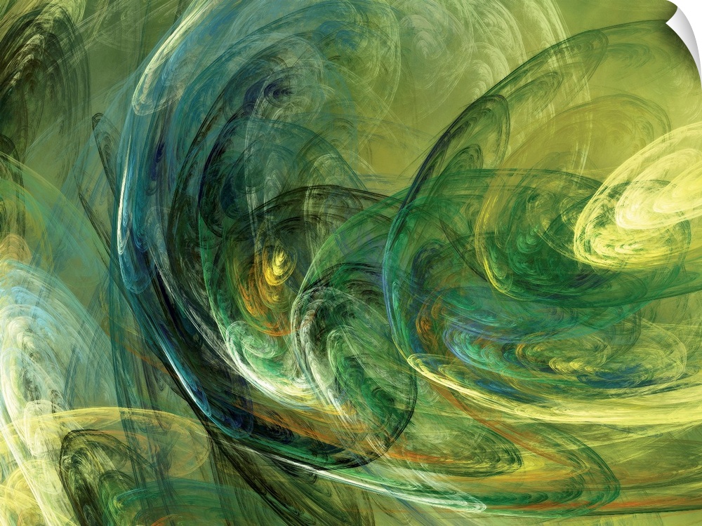 Swirling fractal patterns overlap in an abstract horizontal artwork.