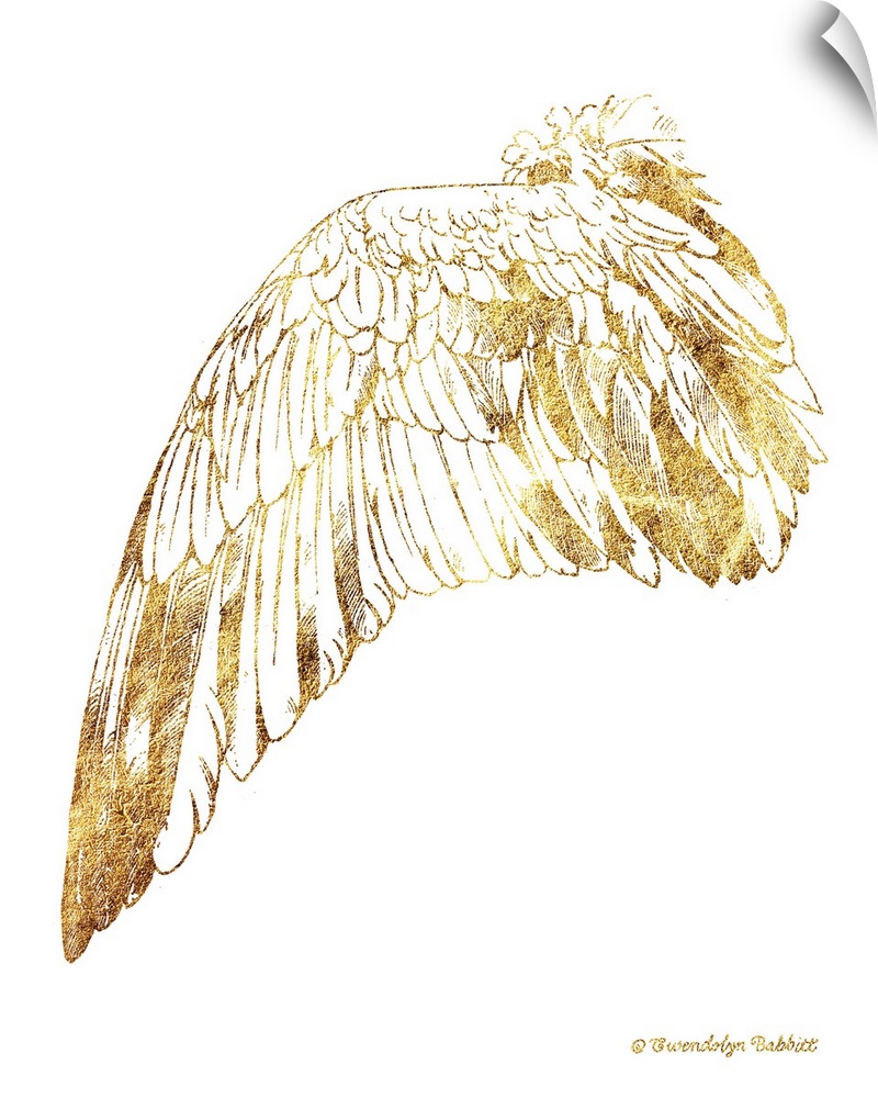 An illustration of a bird's wing in gold over a white background.