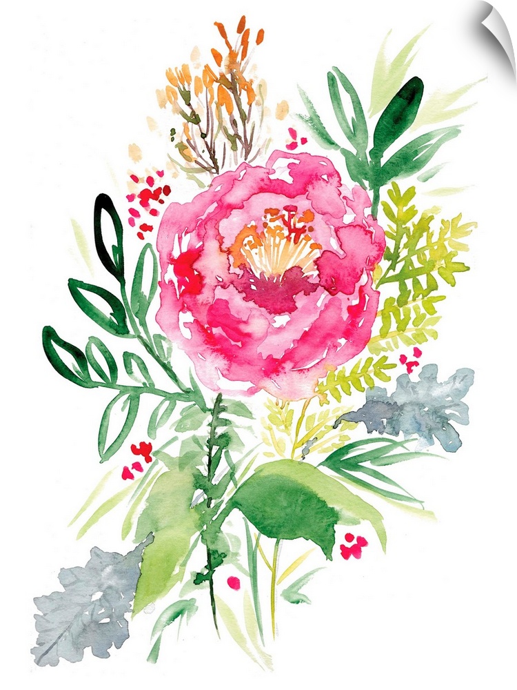 Watercolor painting of a large pink rose with green leaves.