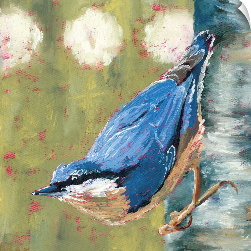 Contemporary painting of a nuthatch bird on a tree trunk.