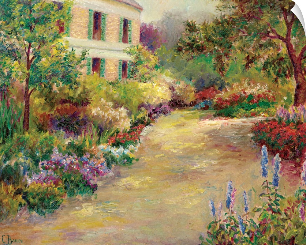 Contemporary artwork of a path in a garden surrounded by flowers.