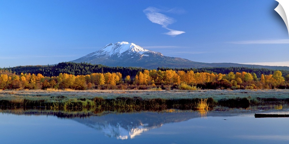 View of the peak of Mount Adams in Washington, reflected in the water.