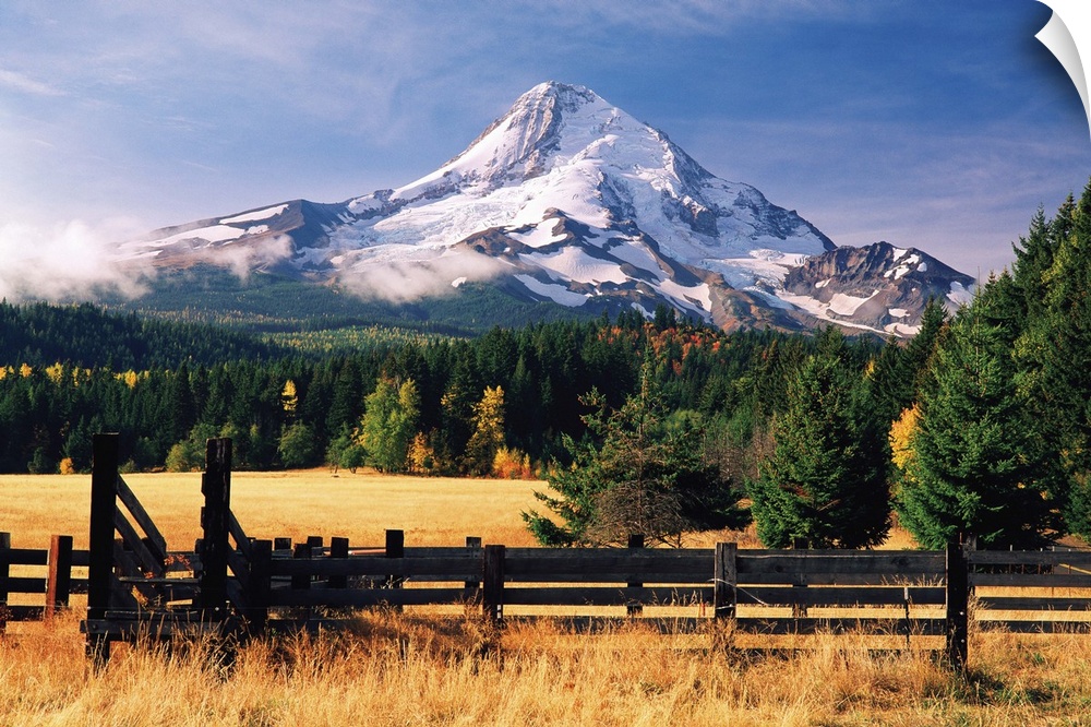 View of Mount Hood, Oregon, from a rural farm.