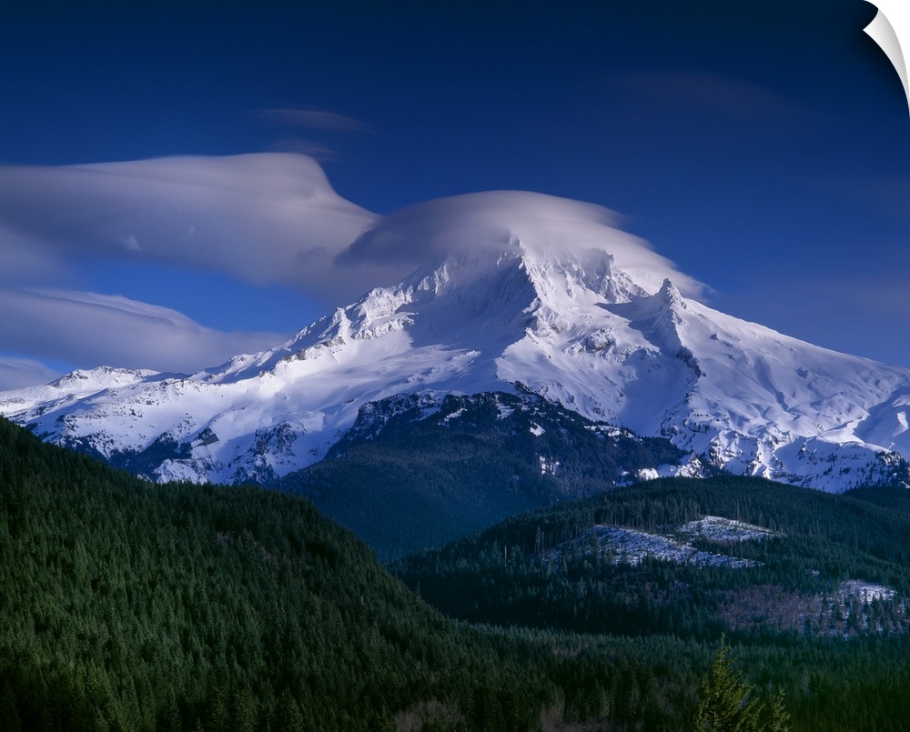 Clouds covering the peak of Mount Hood in Oregon.