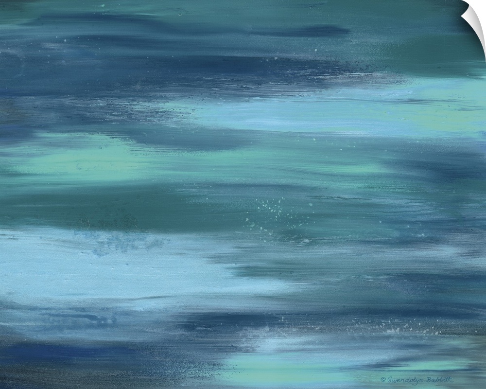 Abstract painting created with horizontal brushstrokes in shades of blue representing the ocean.