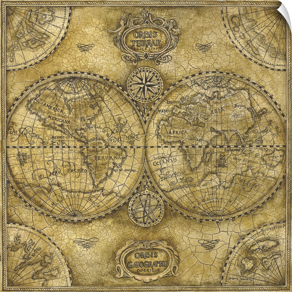 Decorative map of the world done in an antique style, featuring the east and west hemispheres of the globe on cracked, age...