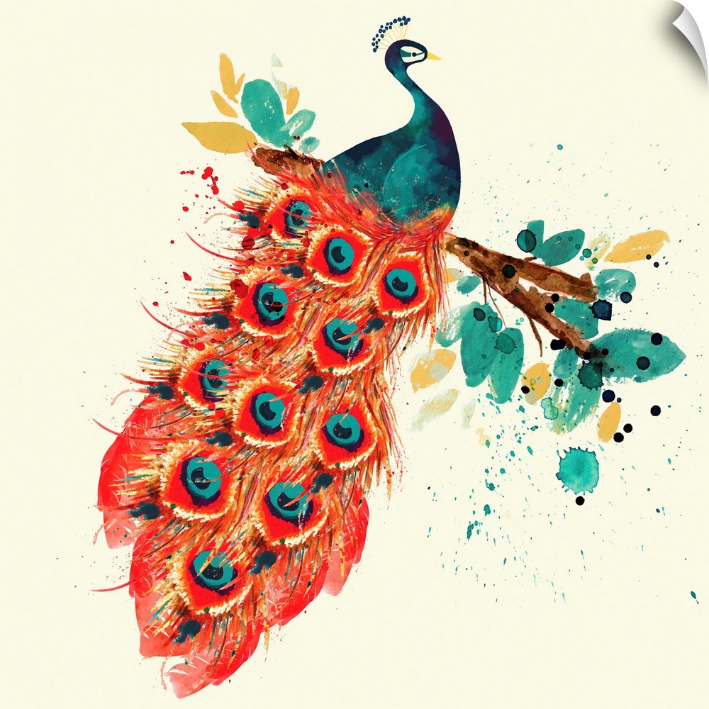 Contemporary artwork of a peacock on a branch with red tail feathers.