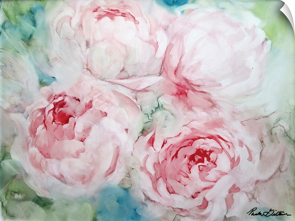 Contemporary painting of pink peonies on a green and blue background.