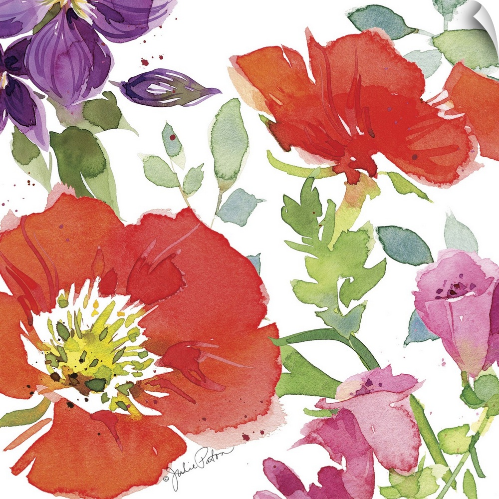 Square watercolor painting of red poppies with a few purple and pink flowers on a white background.