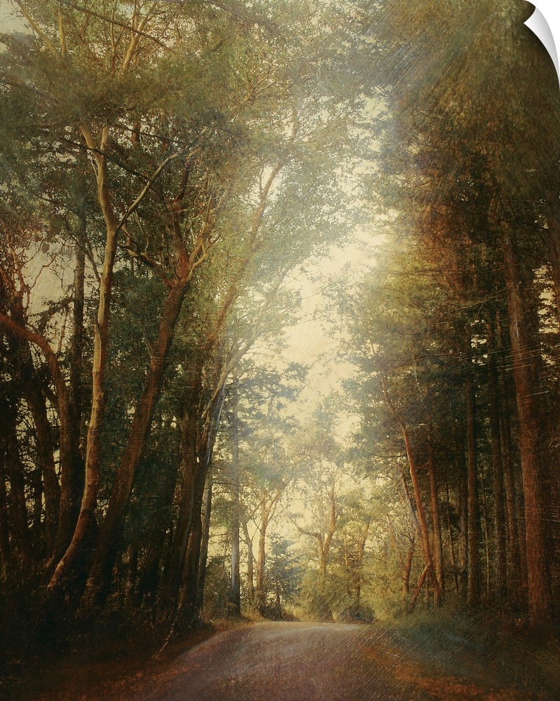 Classical painting of stone pathway curving through forest on a foggy day.