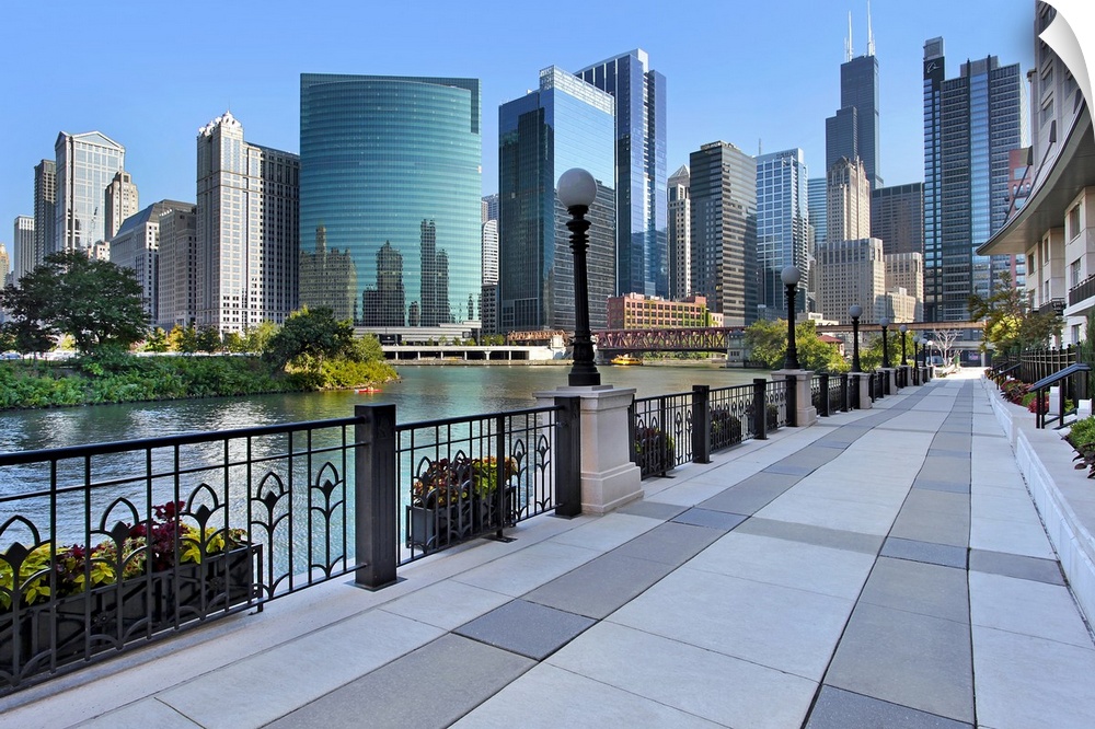 Large photograph of a sidewalk in Chicago, Illinois (IL) with downtown skyscrapers visible in the background.