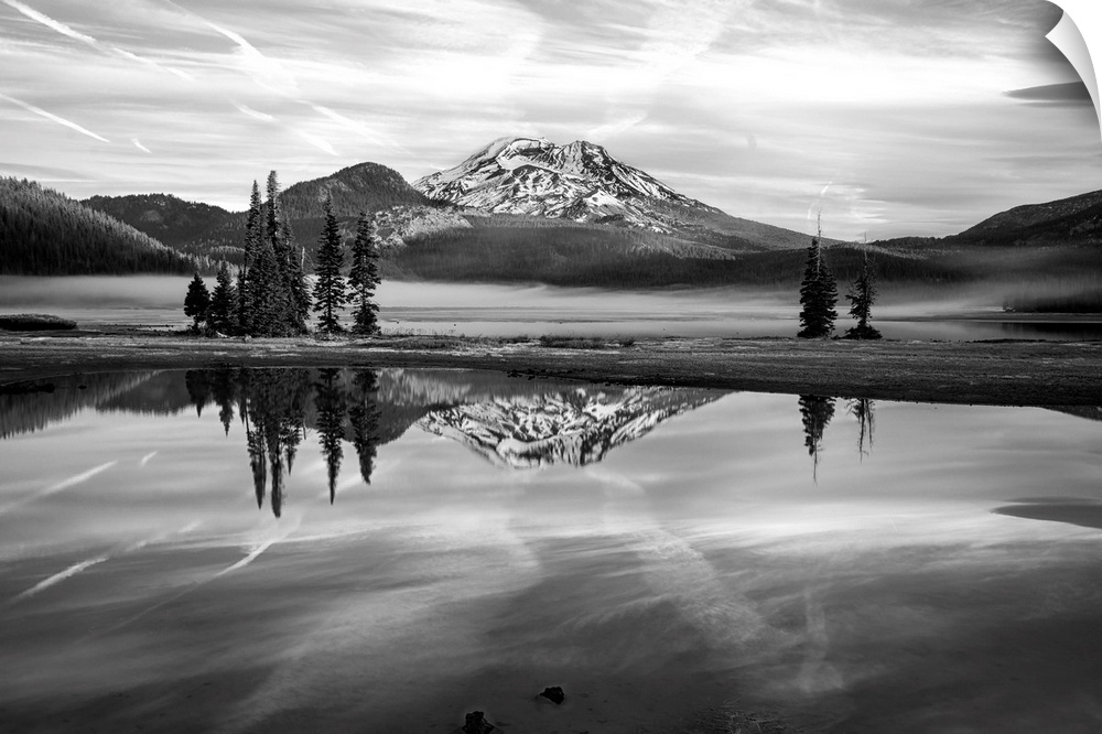 Black and white landscape photograph of Sparks Lake in Oregon with South Sister Mountain in the background.