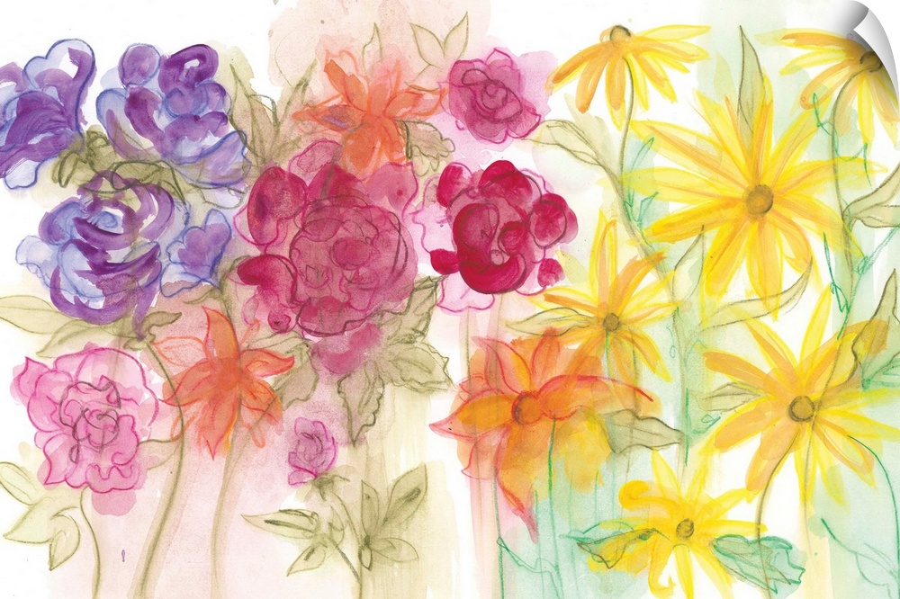 Watercolor painting of a garden of brightly colored flowers in rainbow colors.