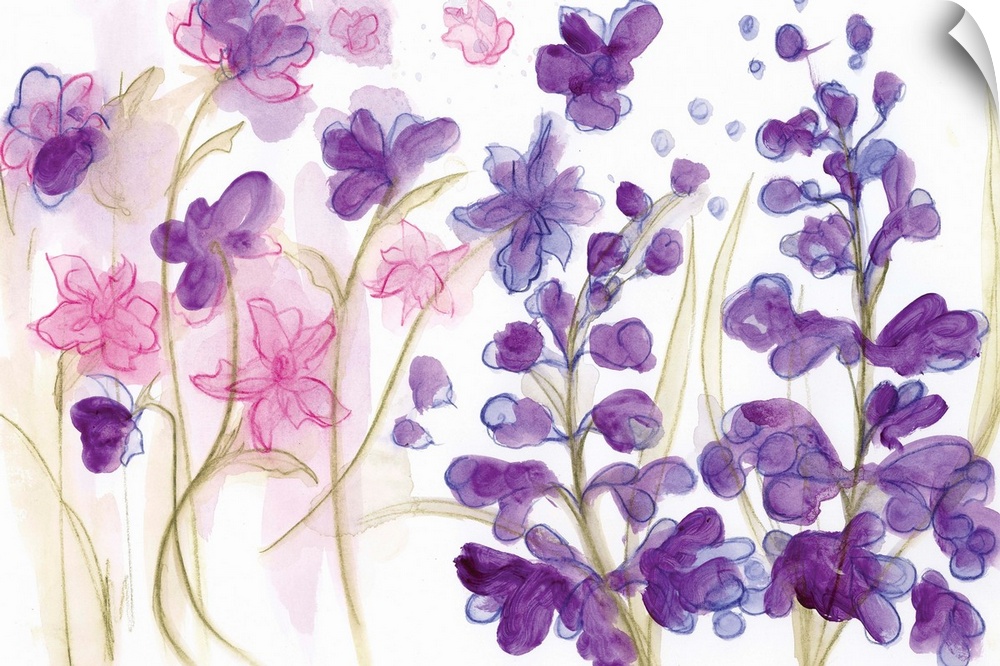 Watercolor painting of a garden of brightly colored purple flowers.