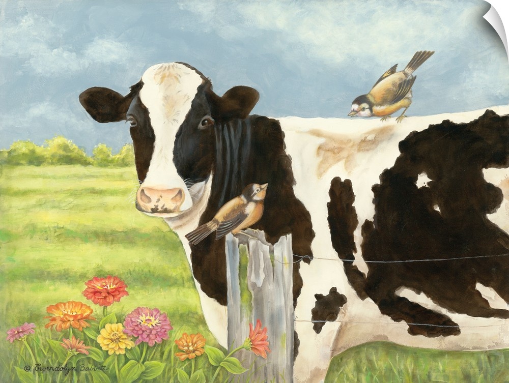 Contemporary painting of a cow with a bird on its back standing in a field behind a wire fence.
