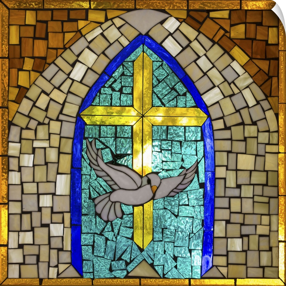 Artwork done in a stained-glass style depicting a cross and dove, symbols of Christianity.