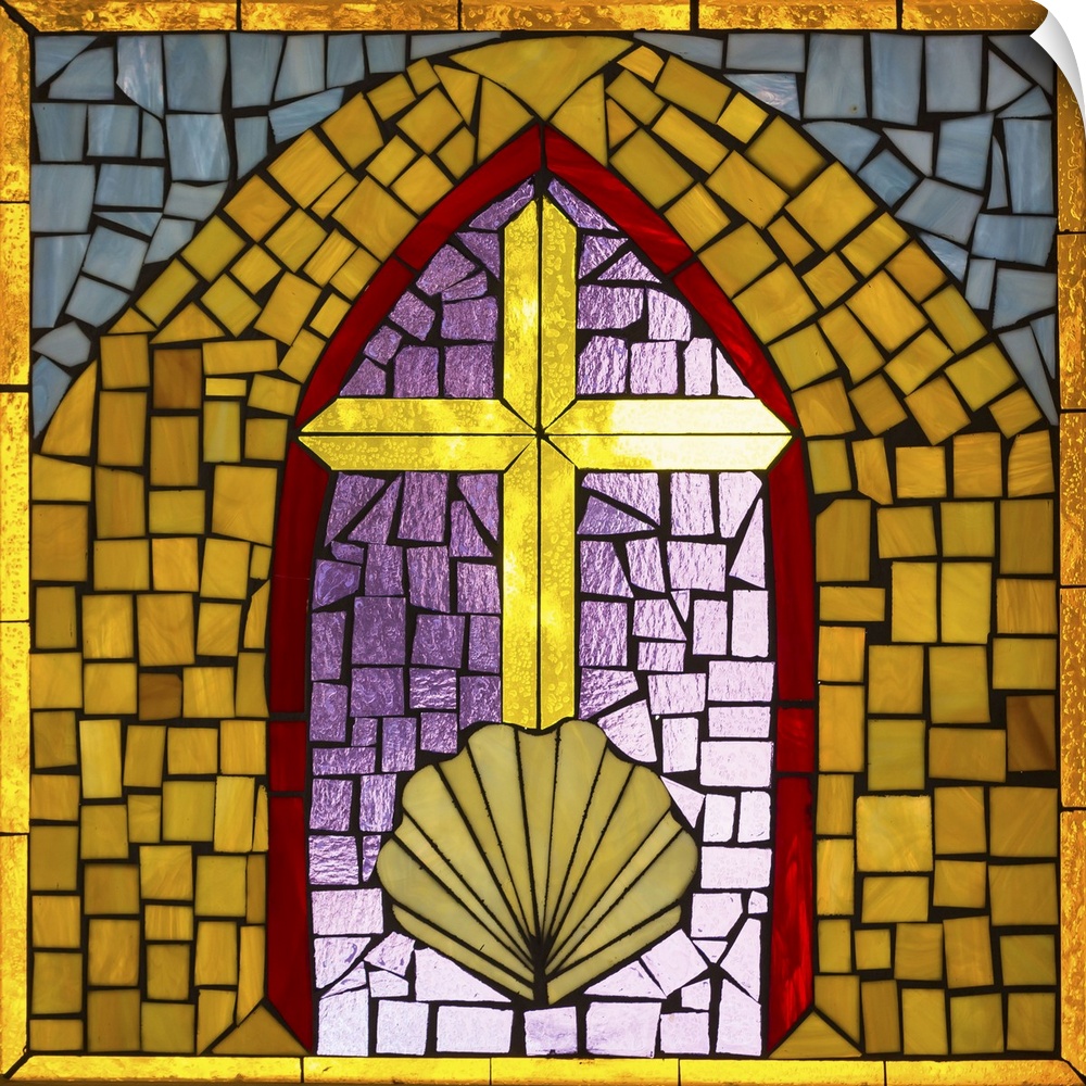 Artwork done in a stained-glass style depicting a cross and shell, symbols of Christianity.