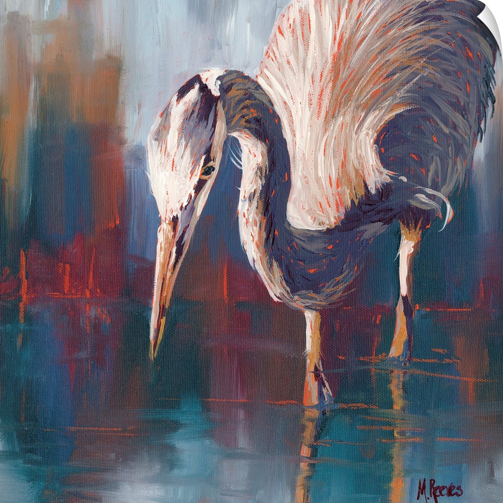 Contemporary painting of a great blue heron stalking fish in the water.