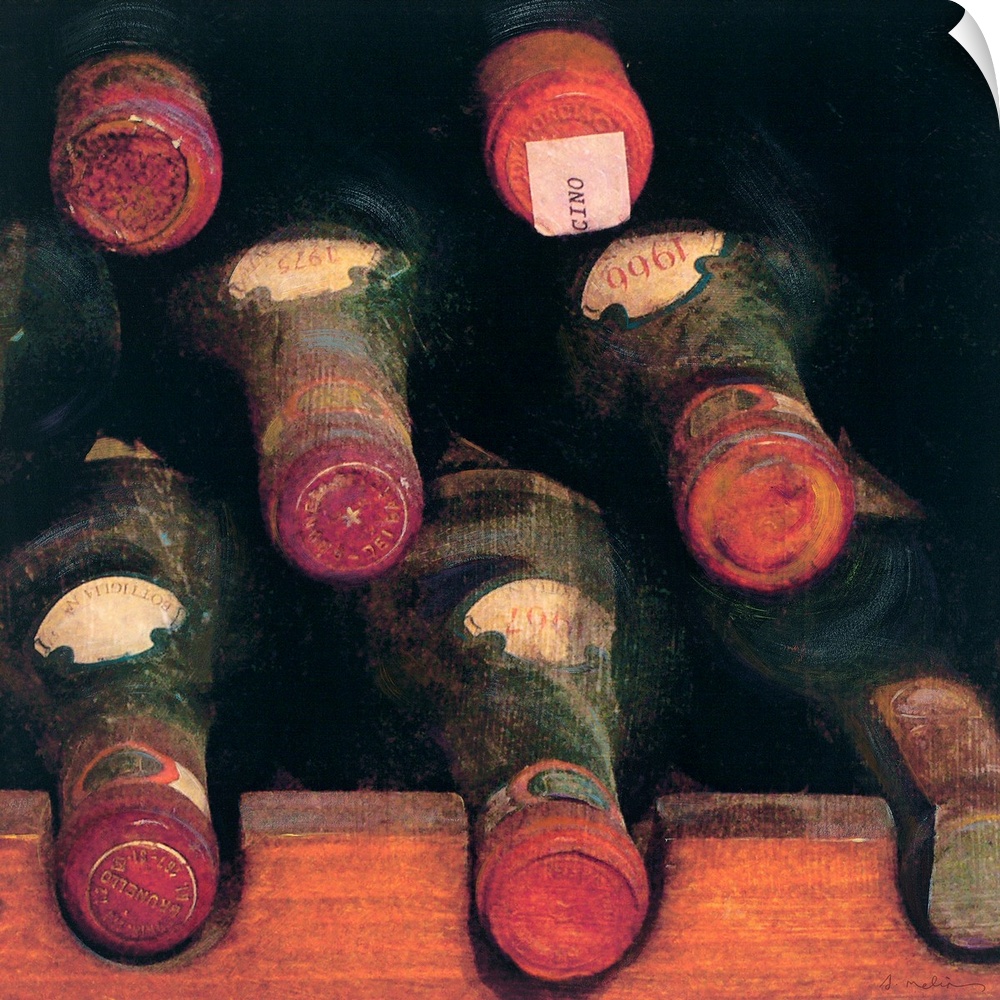 Giant canvas art shows a group of eight wine bottles resting within an underground room for safe storage.