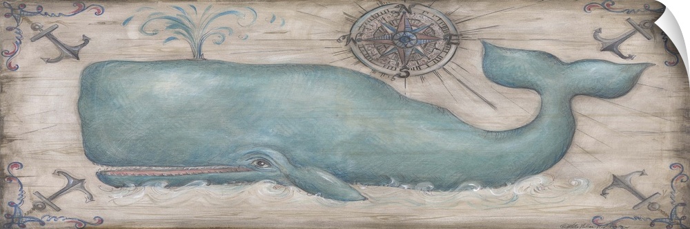 Large painting of a whale spewing water out of its blowhole with a blue and red compass rose above it and decorative ancho...