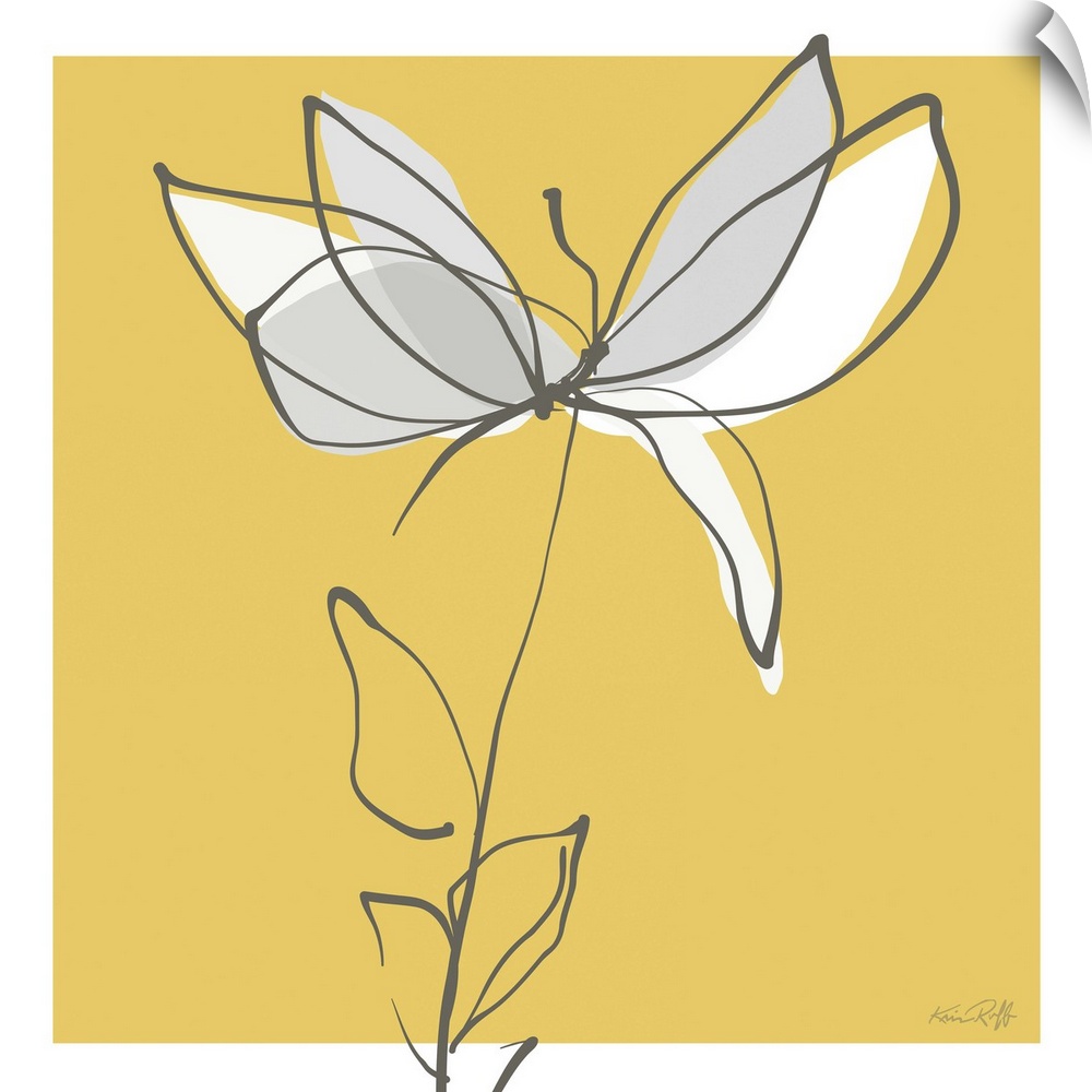 Square abstract illustration of a white and gray flower on a yellow background with a white boarder.