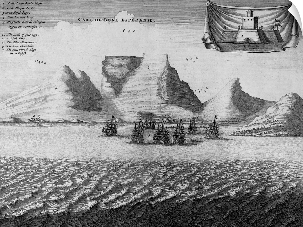 In a 1676 engraving of Cape Town, South Africa, ships sail in the harbor off the coast of Table Mountain (center), Lion's ...