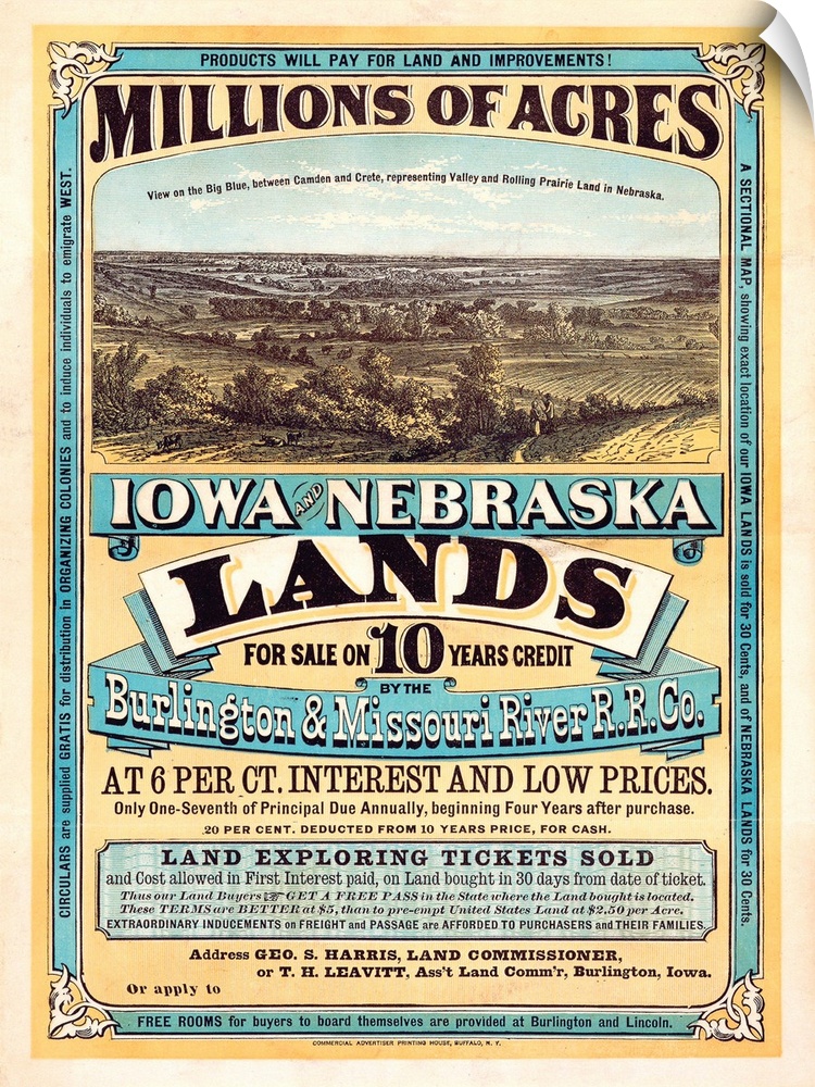 The poster notes Millions of acres. Iowa and Nebraska. Land for sale on 10 years credit by the Burlington & Missouri River...