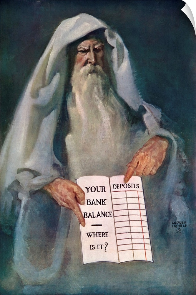 Printed by National Service Bureau Ancient man hold bank book reminding viewer of the need to save. Artist: William Andrew...