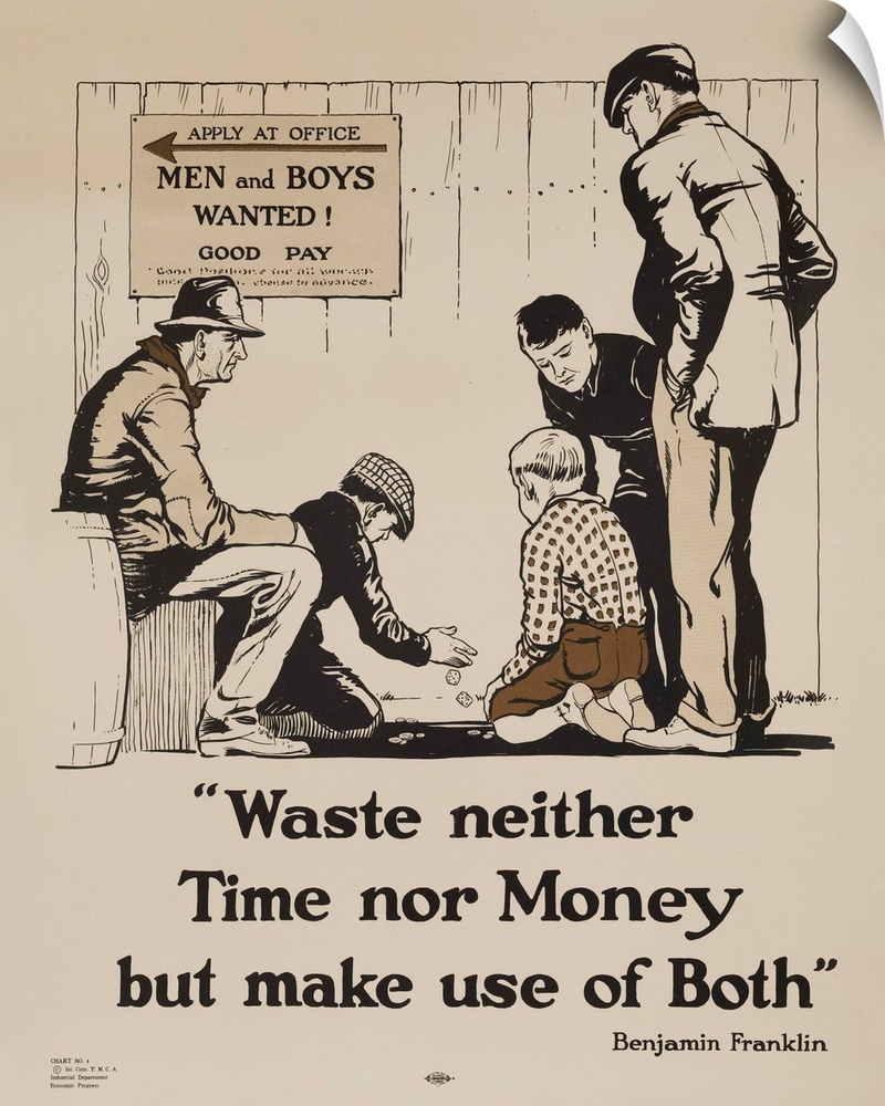 YMCA Economic Program personal finance poster, with a Benjamin Franklin quote: Waste Neither time nor money, but make use ...