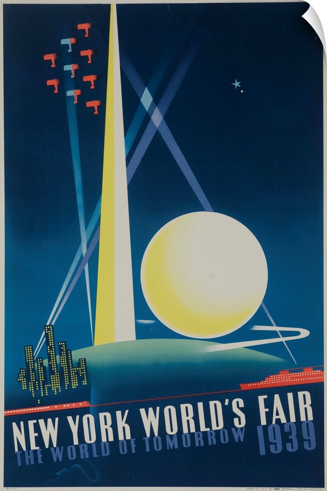 1939 New York World's Fair poster showing spotlit Trylon and Perisphere with air show and city skyscrapers. illustrated by...