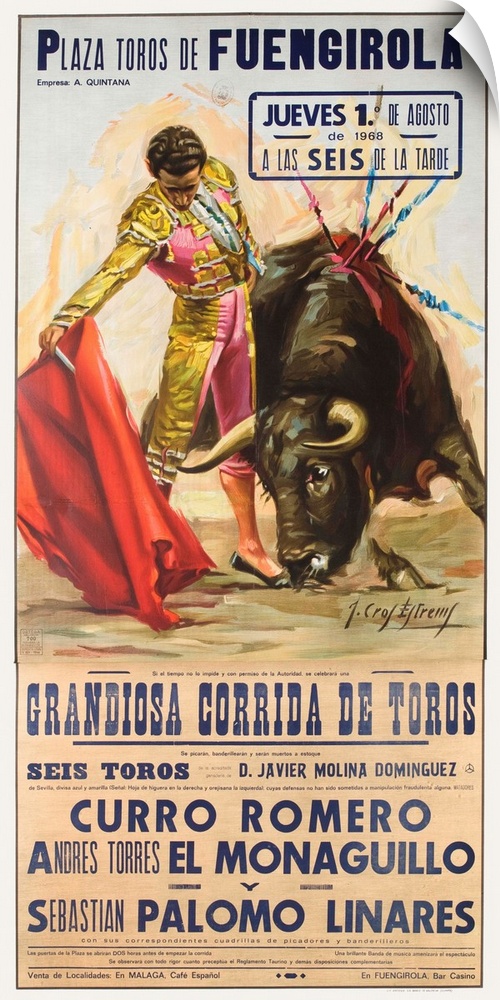 Spanish Bullfight poster showing matador with red cape. Six bulls, featured fighters include Curro Romero, El Monaguillo, ...
