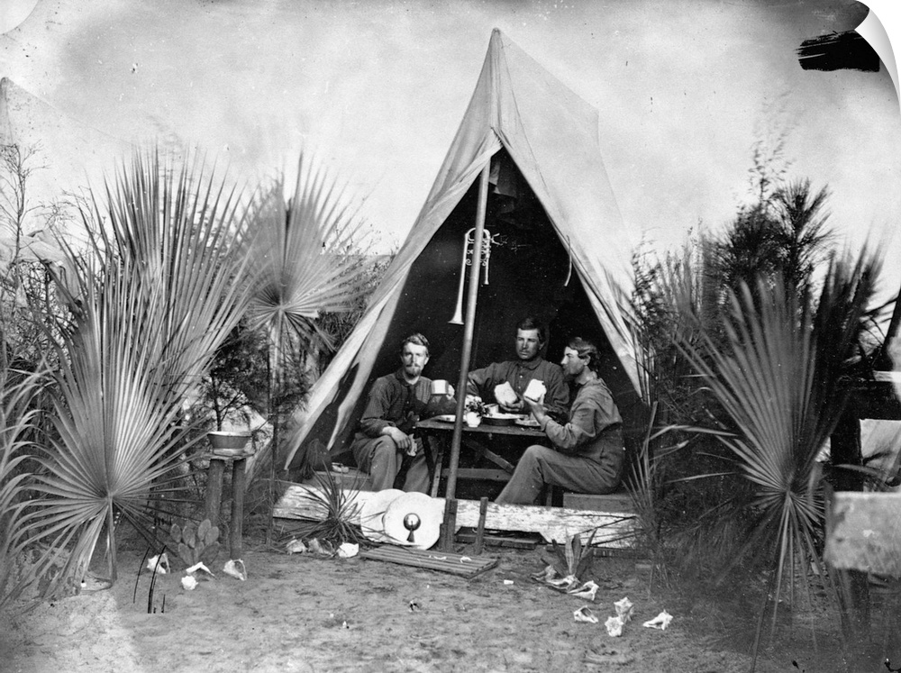 3rd New Hampshire Infantry eating in tent at military camp in Hilton Head, South Carolina, during Civil War.