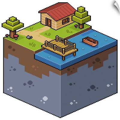 8-Bit Isometric Landscape With House And Lake