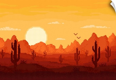 8-Bit Pixel Desert Landscape With Mountains And Sunset