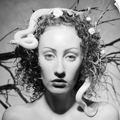 A caucasian nature goddess with a snake in her hair gazes from a dream
